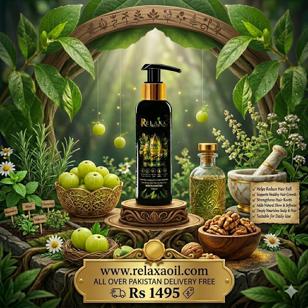 Relaxa oil bottle with natural elements and promotional text on a green background